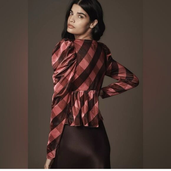 NWT Anthropology Velvet Plaid V Neck Babydoll Bow Long Sleeve Top Large - Picture 7 of 8